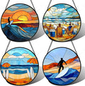 Stained Glass Window Hanging 4 Pcs Set Blue Ocean Surfing Beach Large 11.8" - Suncatcher Door Garden Sun Catcher Decor Birthday Mother's Day for Firefighte Men Woman Nana Mom