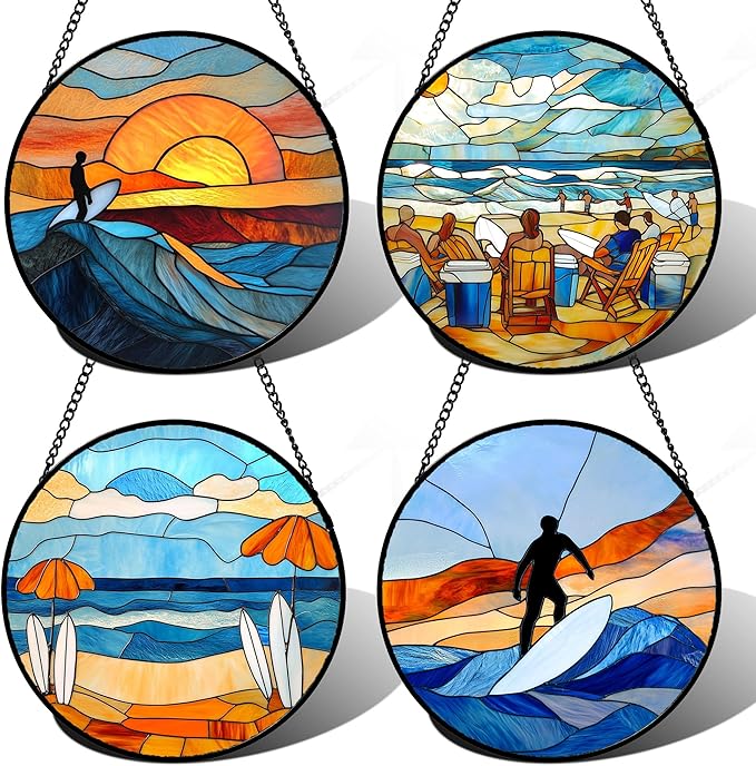 Stained Glass Window Hanging 4 Pcs Set Blue Ocean Surfing Beach 6.3" - Suncatcher Door Garden Sun Catcher Decor Birthday Mother's Day for Firefighte Men Woman Nana Mom
