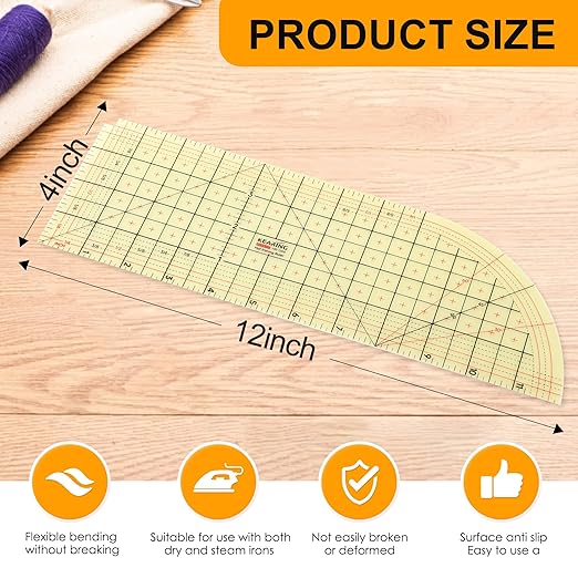 Curved Hot Ruler for Sewing, 12X4 Inch Hot Hem Ruler for Sewing Seam Guide Ruler Sewing Ruler and Guides for Fabric Hemming Tools Press with Dry or Steam