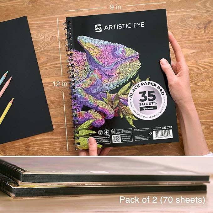 ARTISTIC EYE 9x12 Premium Black Paper Pads, Spiral Bound Sketchbook, Pack of 2, 70 Sheets (150g/m2), Acid-Free Drawing Paper, Ideal for Kids, Teens & Adults