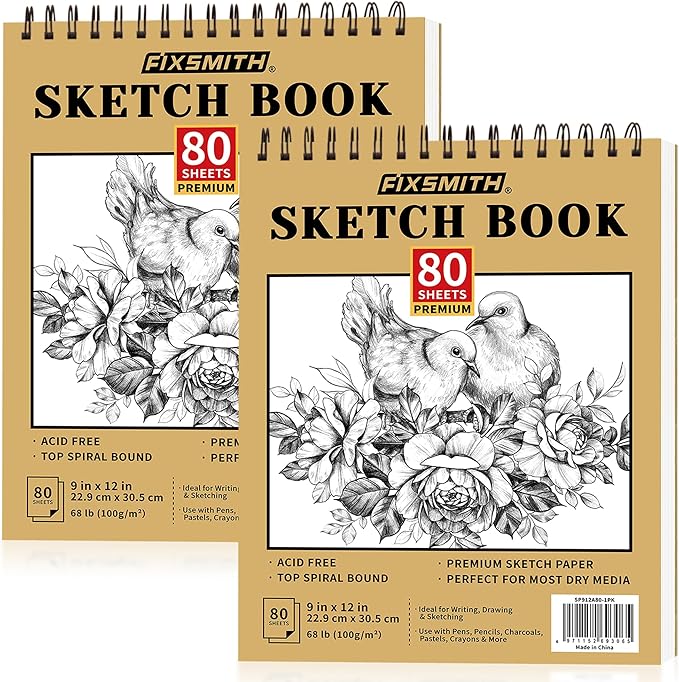 FIXSMITH 9"X12" Sketch Book | 160 Sheets (68 lb/100gsm) | 2 Pack Sketchbooks | Top Spiral Bound Artist Sketch Pad | Acid Free Drawing Pad | Ideal for Kids,Beginners,Artists &Painters | Bright White