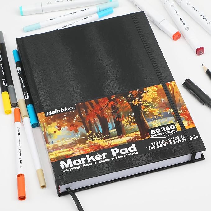 Halobios Square Sketchbook for Drawing, 120 lb/200 GSM A4 Mixed Media Sketchbook, 80 Sheets/160 Pages Portable Marker Drawing Paper Sketch Book for Alcohol Markers, Artists, Beginners（8.3”x11.7”）