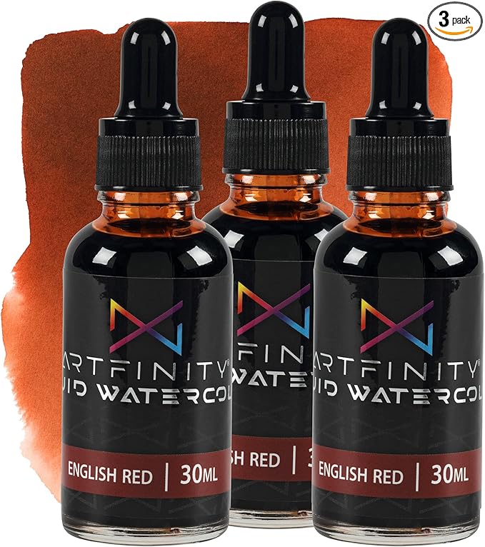 Liquid Watercolor Paint 30 ml Bottle - 3 Pack, English Red - Vibrant Dye-Based Liquid Watercolor w/Glass Pipette, Fast-Drying, Fine Art Paint for Calligraphy, Airbrushing & Traditional Art