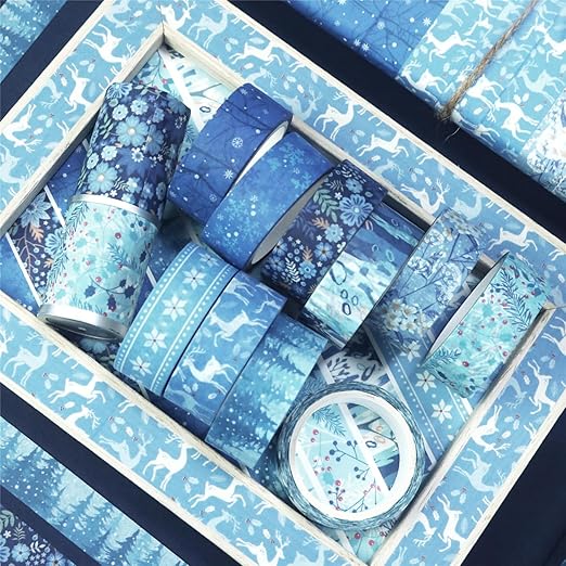 Winter Washi Tape Set 10 Rolls - Blue White Snowflake Flower Deer Tree Decorative Tape for Bullet Journal, Planner, DIY Arts Crafts, Scrapbooking Party Favors ﻿ (Winter)