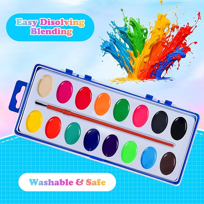 15 Pack Watercolor Paint Set Bulk,Watercolor Paint Set with Paint Brushes for Kids and Adults, Washable Bulk Watercolors for Classroom Kindergarten Parties and Art Activities,16 Colors