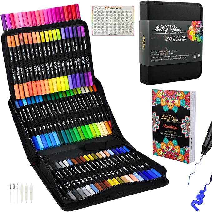 Dual Tip Brush Art Marker Pens, 80 Unique Bright Color, Water-Based Ink, Fineliner & Brush Tip Pens for Arts Lovers Coloring Drawing Book, Calligraphy Writing, Sketching and Doodling