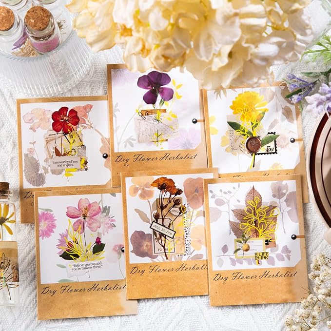 Yoksas 180Pcs Gold Foil Dried Flower Stickers - Clear Glitter Pressed Flowers Botanical Stickers for Scrapbooking,Junk Journals,Planner,Resin Art Supplies
