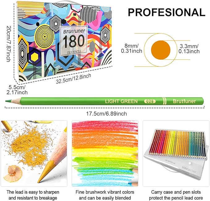 LBW 180 Colored Pencils for Adult Coloring Books, 12 Metallic Pencil, Oil Based Soft Core Professional Color Pencils for Artists Beginners, Drawing Coloring Sketching Blending