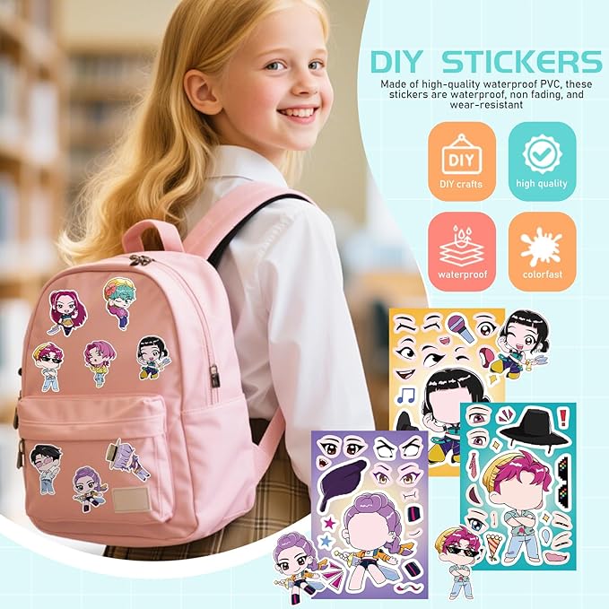 24Sheets DIY Make a Face De-mon Movie Hu-nters Stickers for Kids, 6.3”x4.3” Make Your Own Mixed & Matched with 8 Designed Characters Sticker for Birthday Party Supplies Favors Class Reward