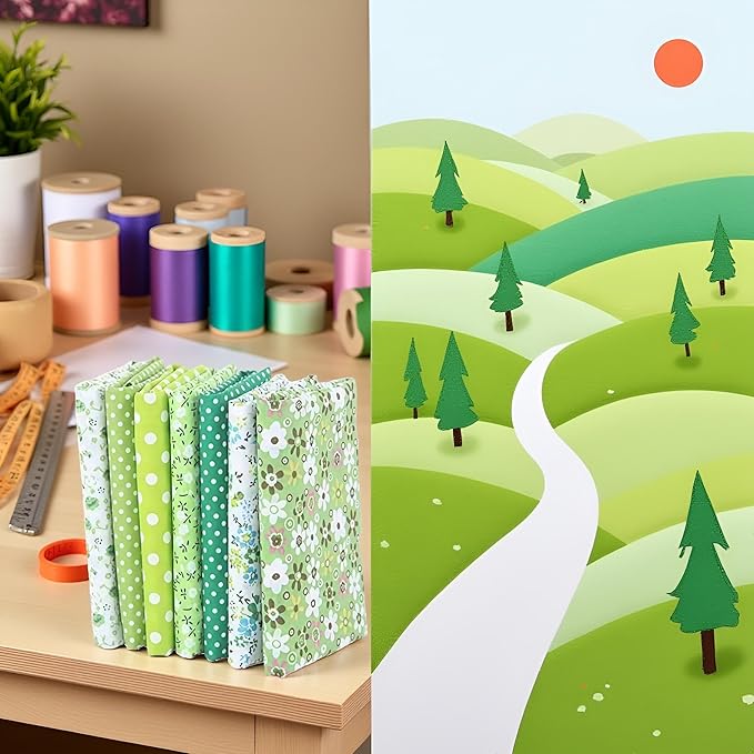 7Pcs Top Green Cotton Craft Fabric Bundle Squares Patchwork DIY Sewing Scrapbooking Quilting Floral Dot Pattern Craft and Hobby Fabric 10" x 10" (25cm x 25cm)