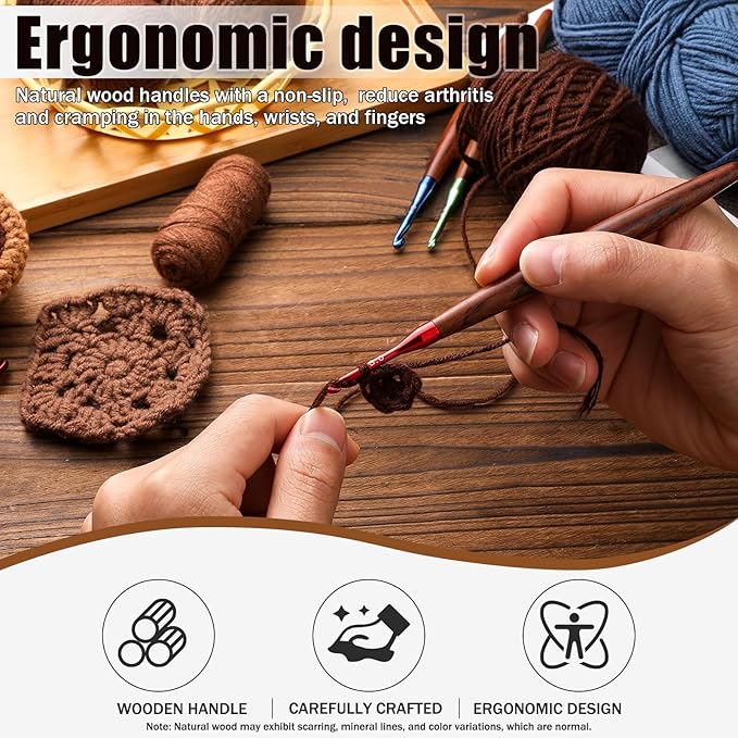 Giwrmu Crochet Hooks, 7mm Ergonomic Crochet Hook, Available in 3mm-7mm, Colored Aluminum Crochet Hook with Wooden Handle Crochet Needle for Crocheting Yarn