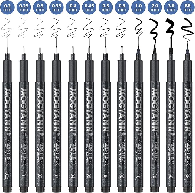Mogyann Drawing Pens Black Art Pens for Drawing 12 Size Waterproof Ink Pens for Artists Sketching, Manga, Writing