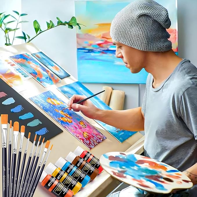 GOTIDEAL Acrylic Paint Set with Paint Brushes, 24 Colors(59ml, 2 oz) Art Craft Paint for Adults and Kids, Perfect for Artist, Beginner, Ideal for Wood, Canvas, Rocks, Outdoor Painting Supplies