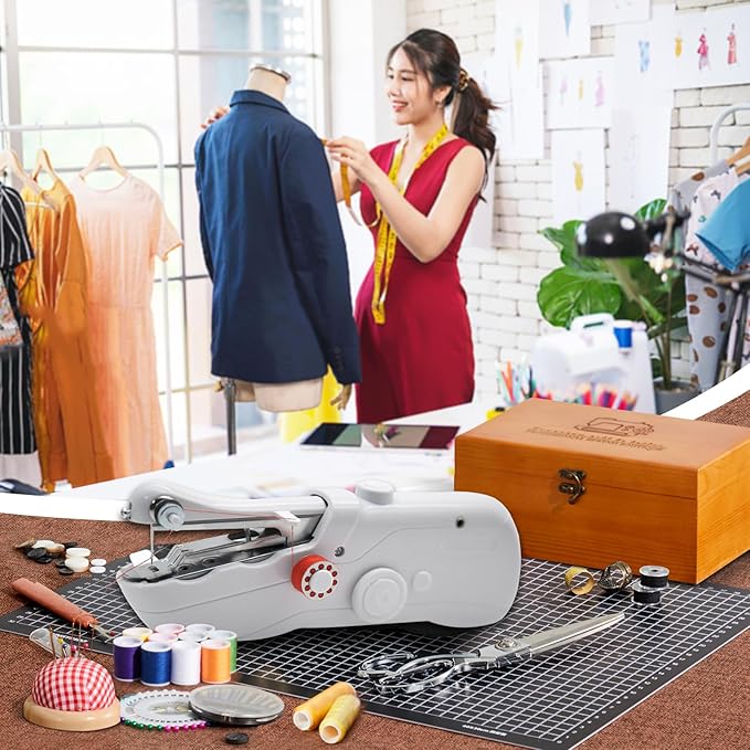 Handheld Sewing Machine with Exquisite Wooden Storage Box & 142-Piece Sewing Kit - Electric Switch, Dual Power Supply, Assorted Needles, Threads, Heavy Duty Scissors - Meets All Household Sewing Needs