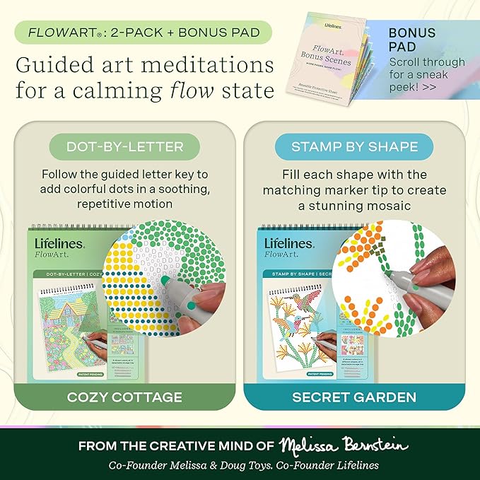 Lifelines FlowArt Activity Pad, 2-Pack & Bonus Pad - Guided Dot Art Meditations with Markers - Dot-by-Letter & Stamp-by-Shape Coloring Books for Tweens, Adults & Seniors