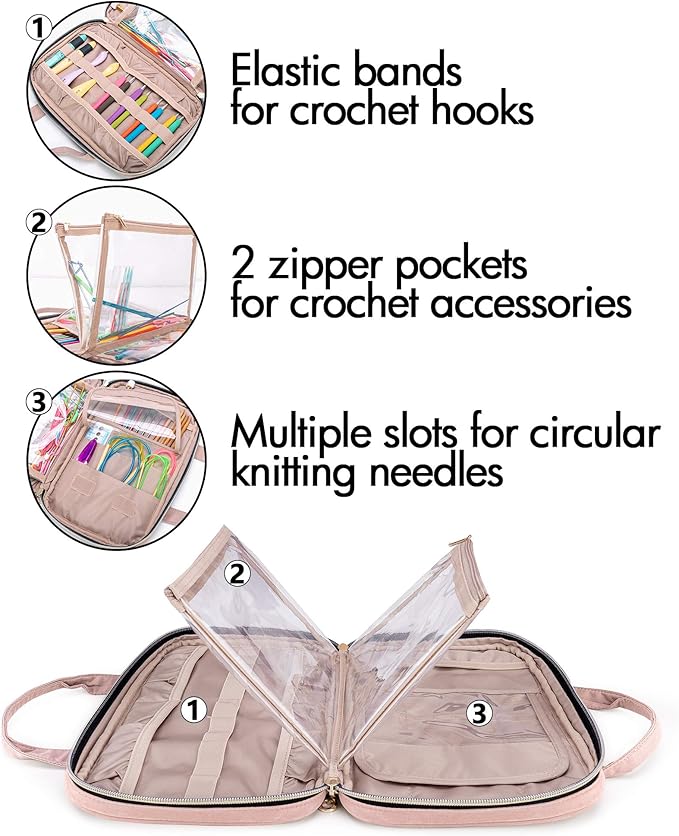 Yarwo Knitting Needles Case (up to 10.6"), Crochet Hooks Organizer with Double Handle for Circular Knitting Needles and Accessories, Dusty Rose (Bag Only)