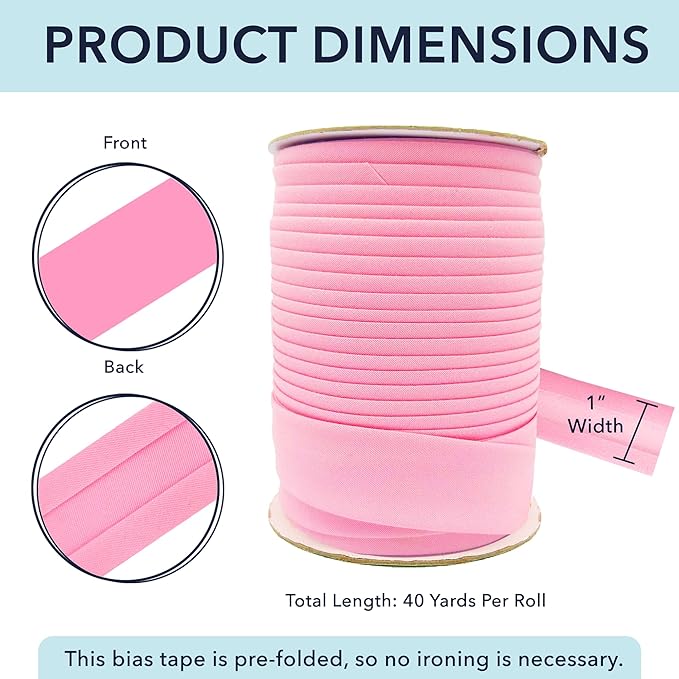 Mandala Crafts 1 Inch Single Fold Bias Tape for Sewing, Quilting, Piping, Hemming, Blanket & Quilt Binding – 40 Yards Pink Fabric Seam Binding Tape