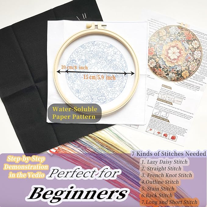 FONNUY Floral Embroidery Kit, Cross Stitch Kits for Beginners, Handmade Crafts with Printed Patterns for Beginner Adults, Easy to Follow Color Thread Needlework, 8'' Hoop (Wildfire of Blossoms)