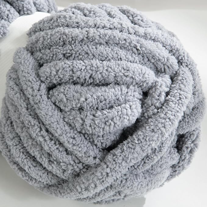 HOMBYS Grey Chunky Chenille Yarn for Hand Knitting,Fluffy Soft Jumbo Yarn Crocheting,Super Bulky Big Yarn for Chunky Blanket,Large Thick Arm Knitting Yarn,8 Pack Plush Fuzzy Yarn