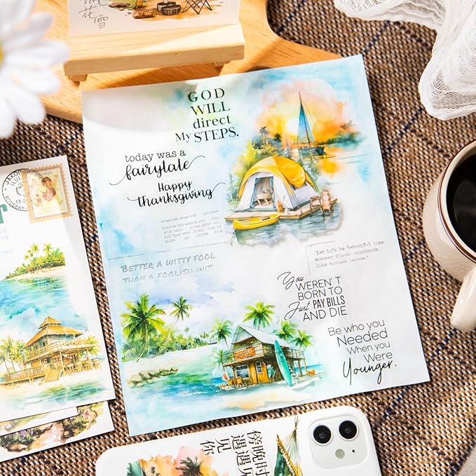 Yoksas Travel Sea Beach Nature Outdoor Watercolor Scenery Stickers - 180Pcs Waterproof Clear Adventure Camping Scrapbook Stickers for Junk Journals,Planner,Art Craft Supplies
