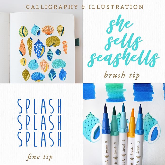 Primrosia 12 Dual Tip Watercolor Marker Pens - Fine Tip & Brush Tips, Professional Quality, 4 x Sticker Sheets, Blendable, Non-Toxic, Perfect for Calligraphy, Drawing & Coloring. (Coastal)