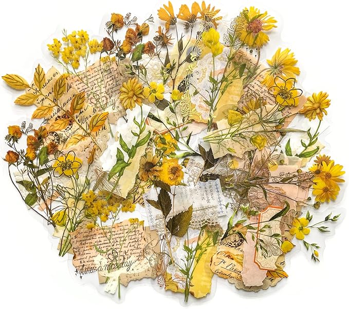 180PCS Gold Foil Vintage Botanical Flower Scrapbook Stickers, Clear Wildflower Sticker Pack for Journaling, Planner, Craft Supplies, Gift Wrapping