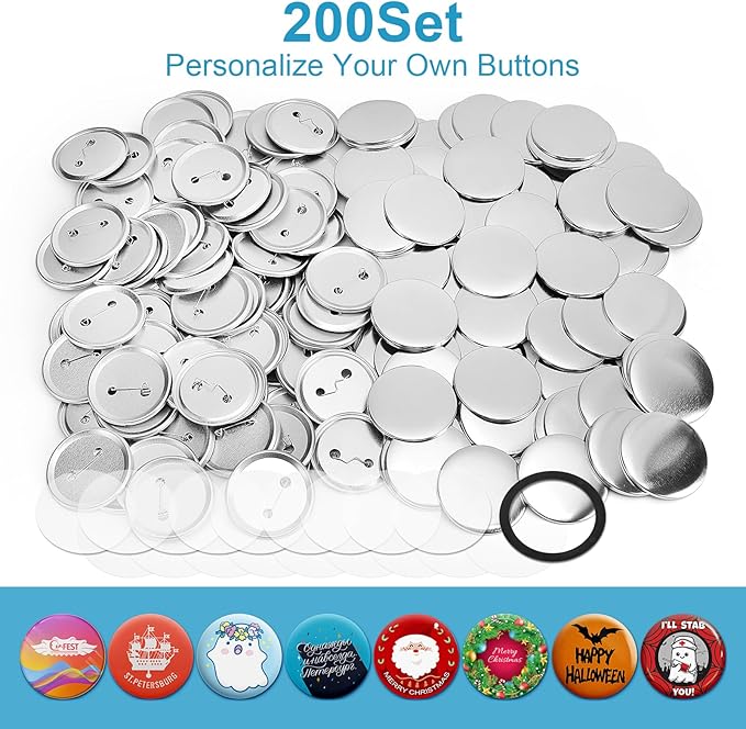 200 Set 2.28 Inch Button Maker Supplies, 58mm Approx. 2.25 in Metal Blank Button Badge Parts with Blank Paper& Clear Film for Button Maker Machine, Pin Maker, and Badge Press
