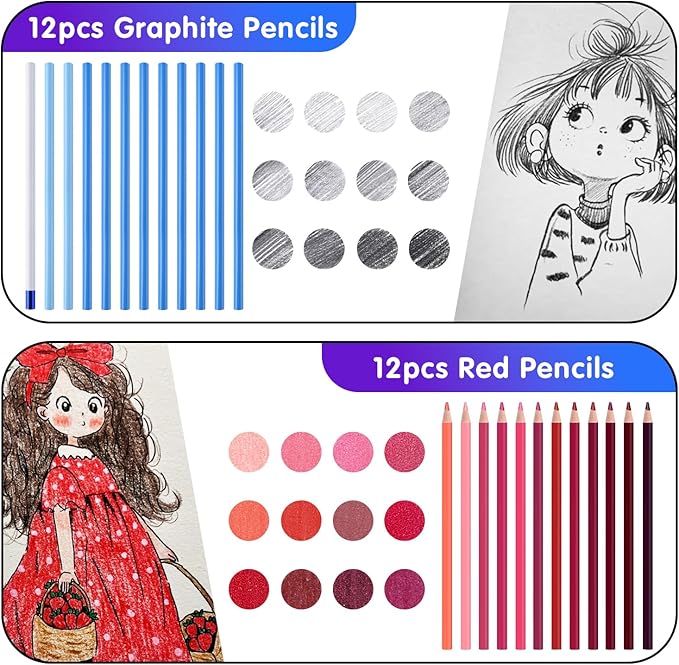 Mifuner Professional Drawing Set, 12 Colored Pencils & 12 Graphite Pencils with Eraser & Case, Art Supplies for Sketching Shading Blending, Gifts for Artists Adults Beginners.Red Black