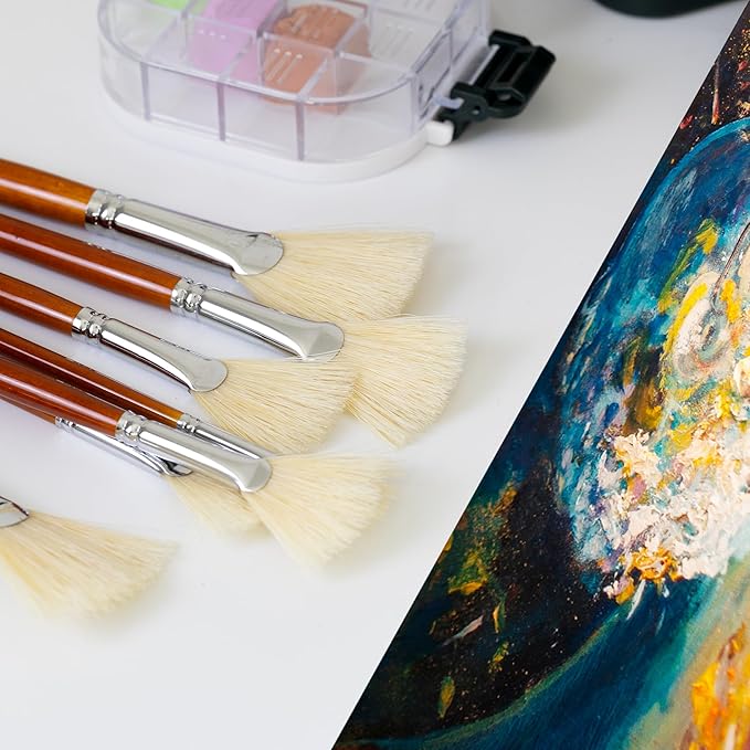 DUGATO Artist Fan Paint Brush Set of 9, White Hog Bristle Natural Hair Anti-Shedding Brush Tips, Long Wooden Handle for Comfortable Holding, Great for Acrylic Oil Painting