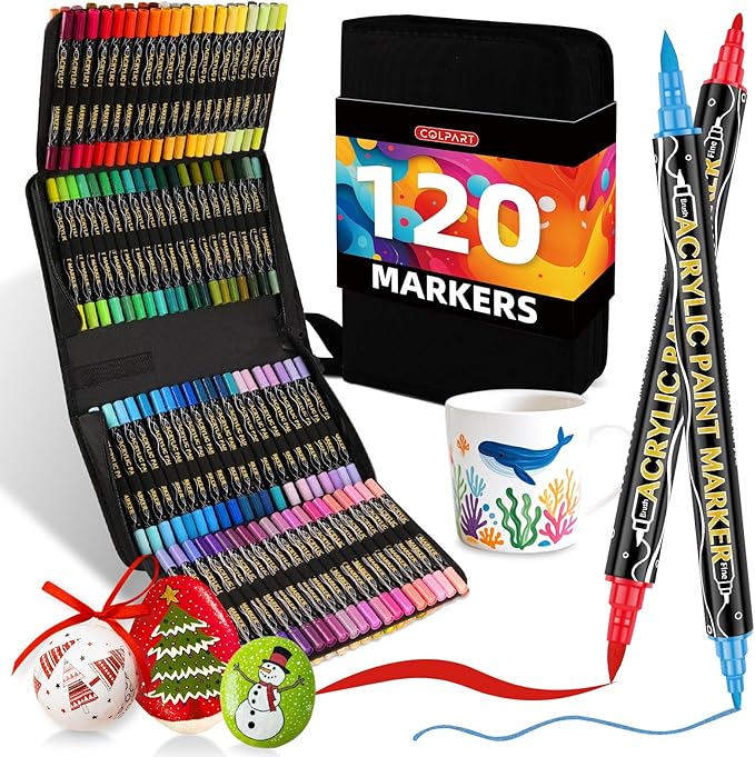 120 Colors Acrylic Paint Markers,Dual Tip Acrylic Paint Pens,Brush Tip and Fine Tip Markers For Rock Painting,Plastic,Canvas And Diy Crafts Art Supplies