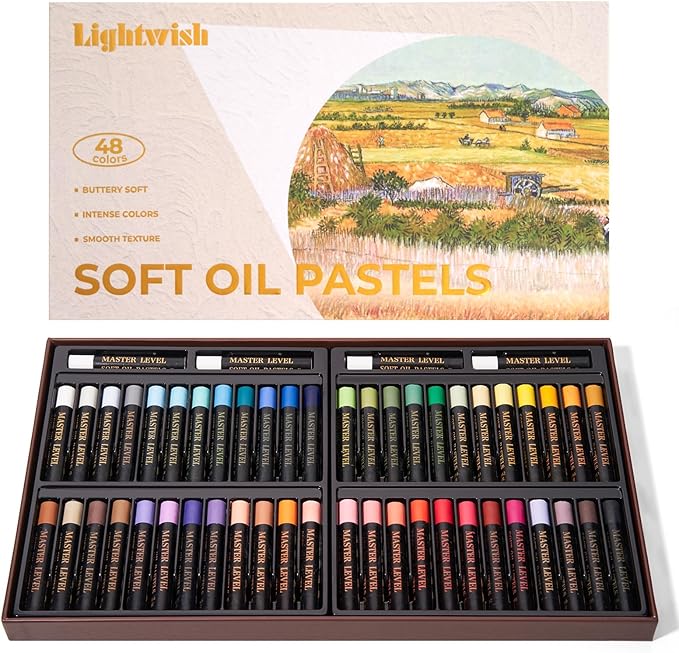 LIGHTWISH Professional Oil Pastels, 48 Vibrant Colors Plus 4 White, Set of 52, Creamy and Pigmented Artist Soft Oil Pastels for Blending, Layering & Shading