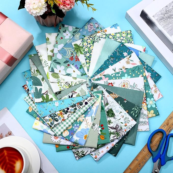 Tudomro 70 Pcs 10 x 10 Inch Cotton Fabric Squares Multicolor Quilting Fabric Bundles Precut Printed Patchwork Materials for Holiday DIY Crafts Cloths Handmade(Green Floral)