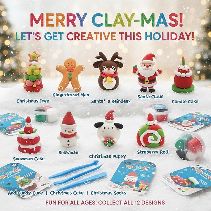 Air Dry Clay for Kids, 12 Christmas Modeling Clay DIY Model Magic Clay Kit with Tools&Tutorials, Soft&Non-Sticky, Safe&Non-Toxic, Creatible Art Crafts Toys Gifts for Kids,Christmas Crafts Xmas Gift