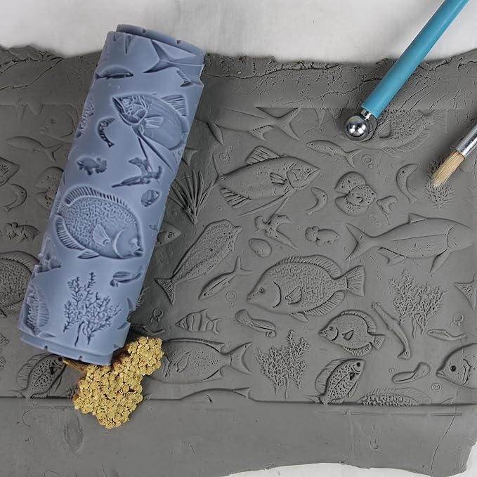 Deep Sea Menagerie Clay Texture Roller (4") - Seamless Ocean Set #01 - Embossing Pattern Roller for Polymer & Ceramic Clay, Pottery & Crafts