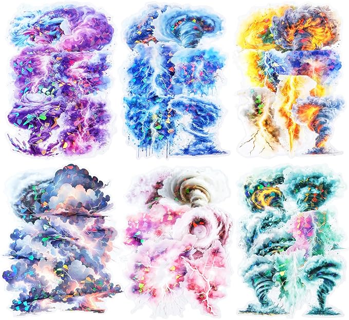 Lightning Tornado PET Sticker Set, 60Pcs Large Holographic Stickers for Scrapbooking, Journaling, Junk Journal Supplies, and DIY Crafts