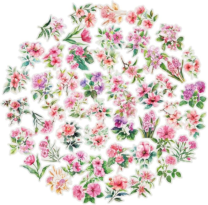 50pcs Pink Flower Stickers for Scrapbooking - Waterproof Clear Floral Botanical Sticker for Journaling, Crafts, Art Projects, Glass Potion Bottles
