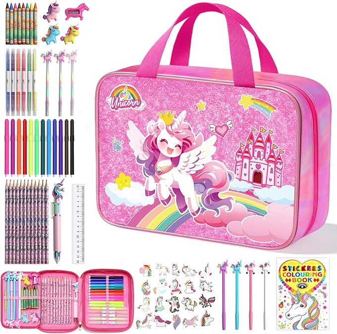 73PCS Unicorn Washable Markers Set with Glitter Pencil Case, Art Supplies and Craft for Girls Ages 4-6-8,Kids Coloring Drawing Kit with Marker,Colored Pencil,Crayon,Gel Pen,Birthday Gift Toys for Girl