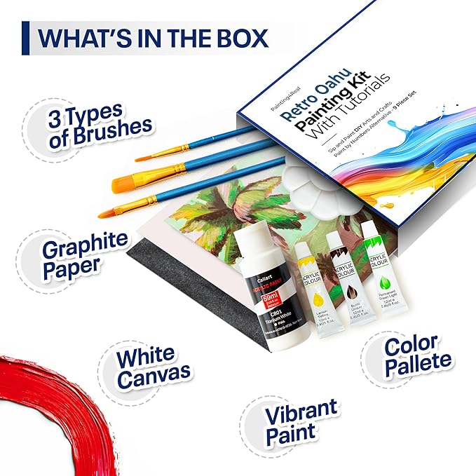 Painting4Real DIY Art Painting Kit for Adults – Learn to Paint Retro Oahu with Video Tutorials – 9 Pieces Acrylic Paint Set for Adults –Perfect Christmas Crafts & Holiday Gifts for Art Lovers