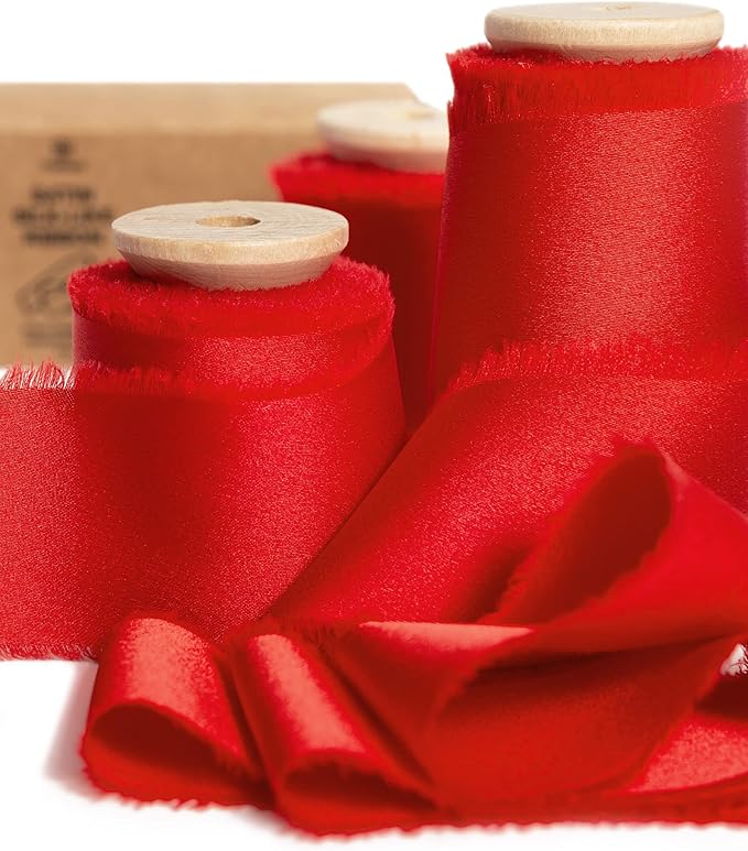 Vitalizart Red Silk Satin Ribbon 1-1/2 inch x 15 Yard Christmas Ribbon Handmade Frayed Ribbons for Gift Wrapping Baby Shower Wedding Bridal Bouquets Holiday Decor