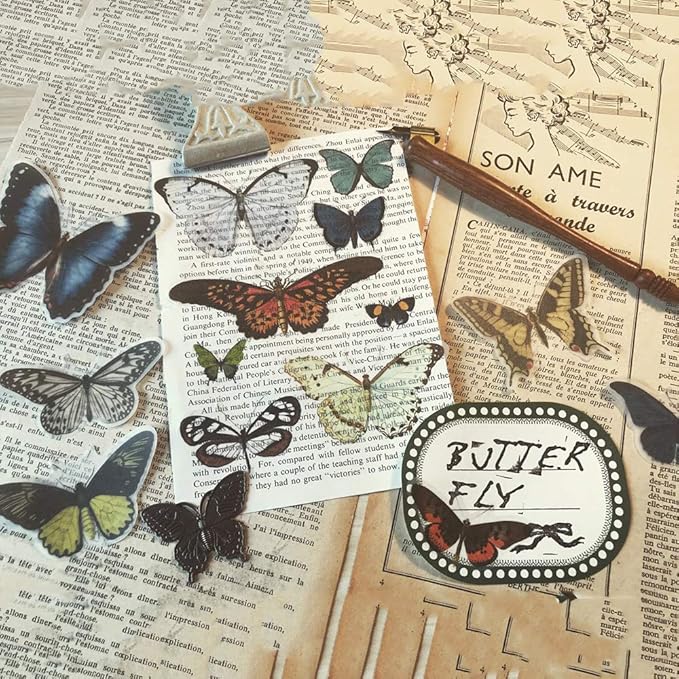 80PCS Vintage Butterfly Scrapbook Stickers, Doraking DIY Decoration Sulfuric Paper Butterfly Stickers for Scrapbook