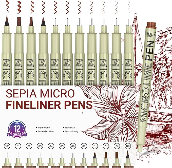 Sepia Micro Pen Set, 12 Sizes Brown Ink pen Drawing Pens, Waterproof Archival Ink Fineliner Pens for Journaling and Writing, Fine Line Art Markers for Detailing Drawing, Sketching
