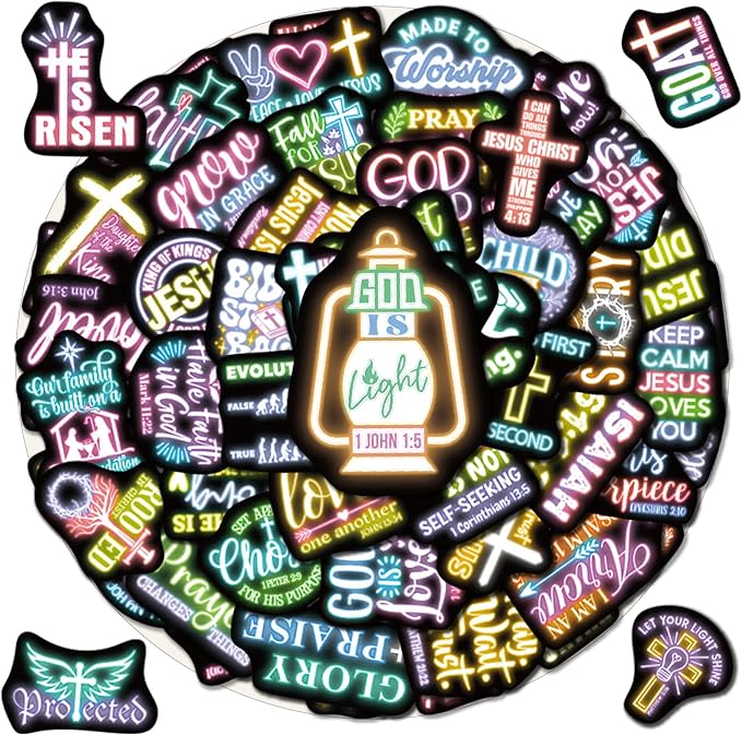 70 Pcs Neon Christian Bible Kids Stickers, Jesus Christ Faith Vinyl Waterproof Water Bottle Decals, Teens Adults Religious Christianity Christmas Thanksgiving Decor
