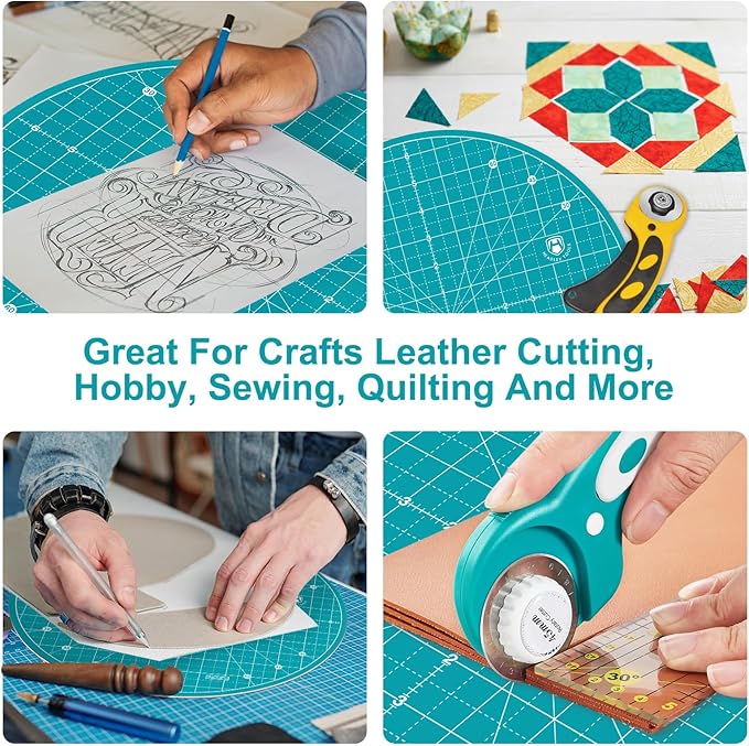 Headley Tools 13"x13" Round Rotating Cutting Mat, Self Healing Mat with 360-Degree Rotation & Anti-Slip Base, Sewing Board Cutting Mat Perfect for Fabric Quilting Leather Hobby Project, Turquoise