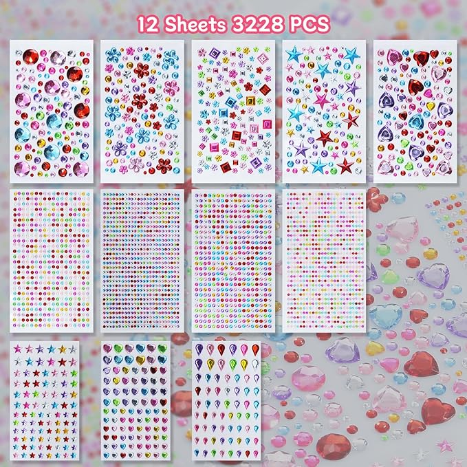 3200pcs Gems for Crafting, Sticker Jewels for Crafts, 12 Sheet Self Adhesive Gems & Rhinestone Adhesive, Acrylic Craft Jewels, Sticky Gems, Gem Stickers for Kids, Face Jewels & Craft Stickers