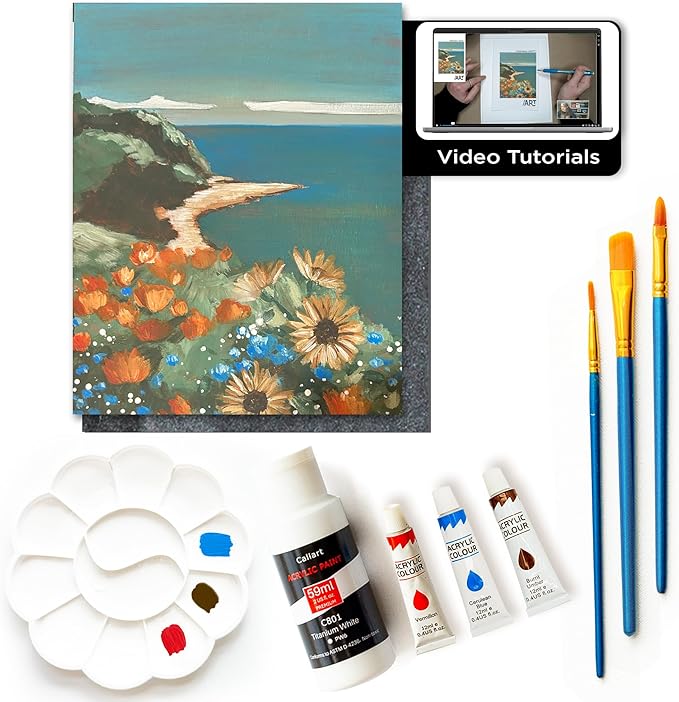 Painting4Real DIY Art Painting Kit for Adults – Learn to Paint Floral Cliffs with Video Tutorials – 9 Pieces Acrylic Paint Set for Adults –Perfect Christmas Crafts & Holiday Gifts for Art Lovers