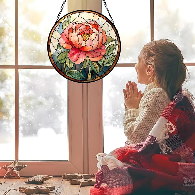 Stained Glass Window Hanging - Pink Peony Floral Suncatcher for Door Garden Yard Birth Flower Sun Catchers Decor Christmas Mother's Day Birthday Gifts for Women Mom Nana Wife Teacher 11.8 in