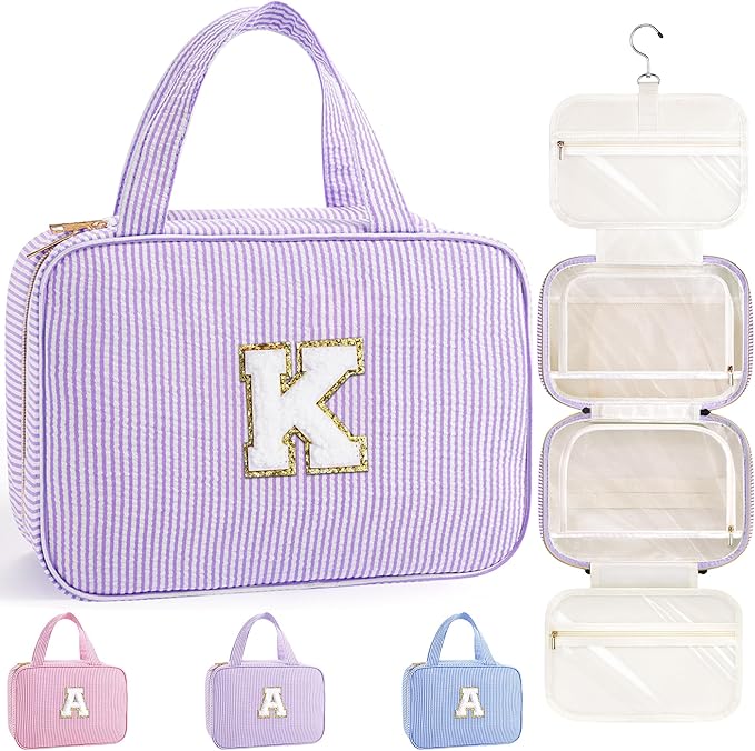 TOPEAST Christmas Gifts for Women Stocking Stuffers - Travel Hanging Toiletry Bag, Personalized Initial Toiletry Pouch, Birthday Gifts for Mom Daughter Sister Friends, Cruise Essentials, Purple K