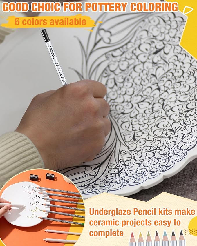 Affrolling 14 Pcs Underglaze Pencil Kits 7 Pcs Multicolor Underglaze Pottery Pen for Ceramics with Blending Stump Pencil Extenders Sharpener Pen Case for Decorating Under Ceramic Pottery Bisque Ware