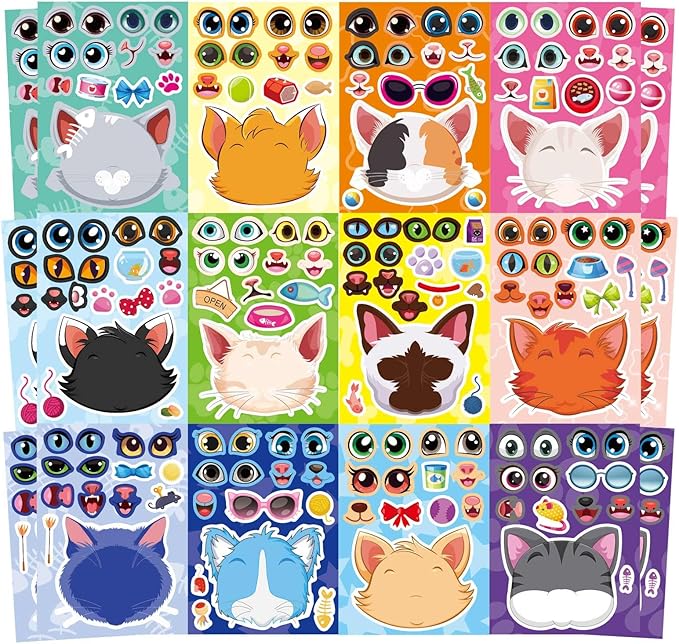 24 Sheets Cats Stickers for Kids, Make a Cat Face Stickers, Make You Own Cats Stickers Animal Stickers for Kids, Birthday Gift Party Favors Supplies Teacher Art Craft, Games School Activity Reward