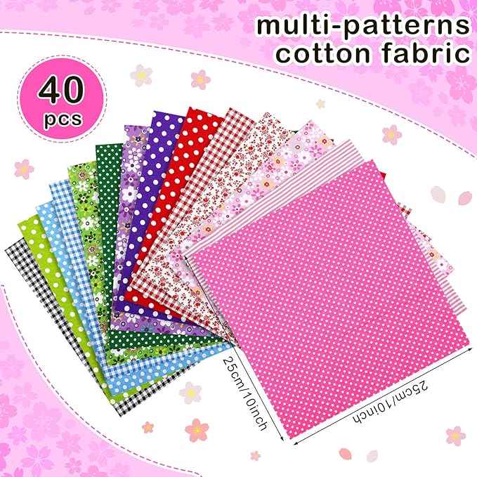 40 Pcs 10 x 10 Inches Cotton Fabric Bundle Squares Precut Fabric Squares Multi Color Floral Fat Sheets for Craft DIY Quilting Sewing(Fresh Patterns)